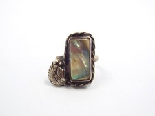 Vintage Native American Sterling Silver Rope Border Leaf Abalone Ring, size 5.75