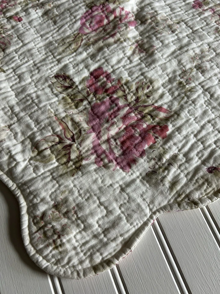 Cottage Chic Floral Pillow Shams Red Pink Roses Quilted Scalloped Set of 2 KING - Image 3 of 4