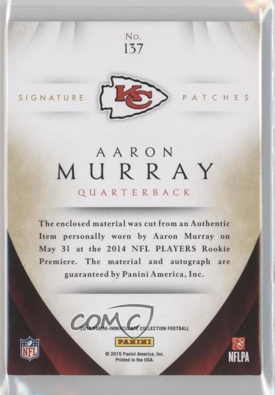 2014 Immaculate Rookie Horizontal Signature /49 Aaron Murray RPA Patch Auto RC - Image 2 of 2
