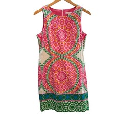 London Times Pink Green Medallion Print Sleeveless Shift Dress Womens Size 8