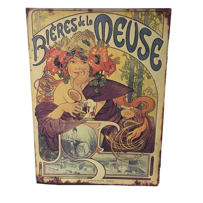 Alphonse Mucha Bieres de la Meuse Tin Metal Sign 14x10 Art Nouveau VTG