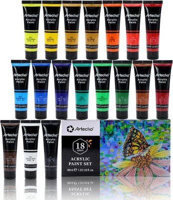 Artecho Acrylfarben Set 18 x 36 ml, Acrylic Paint Set, Wasserfest und Lichtecht