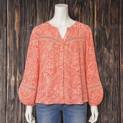 Sharagano Blouse Womens M Coral Floral Paisley Crochet Lace Balloon Sleeve