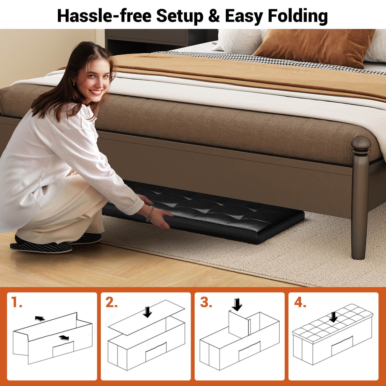 43" Folding Storage Ottoman Bench Foot Rest Stool with Side Pocket