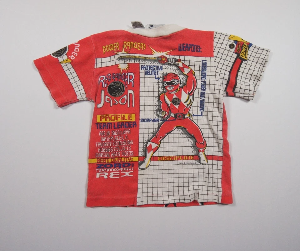 Vintage Power Rangers Shirt Kids Small Red 90s Tee AOP 1994 Saban Short Sleeve - Image 3 of 4