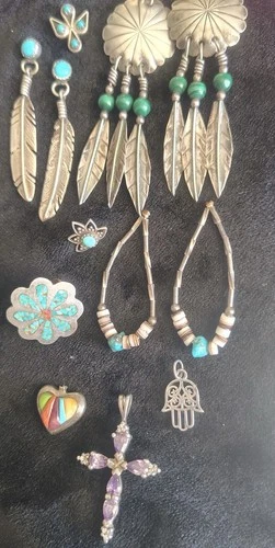 Vintage sterling silver lot, Native American turquoise earrings, amethyst pendan