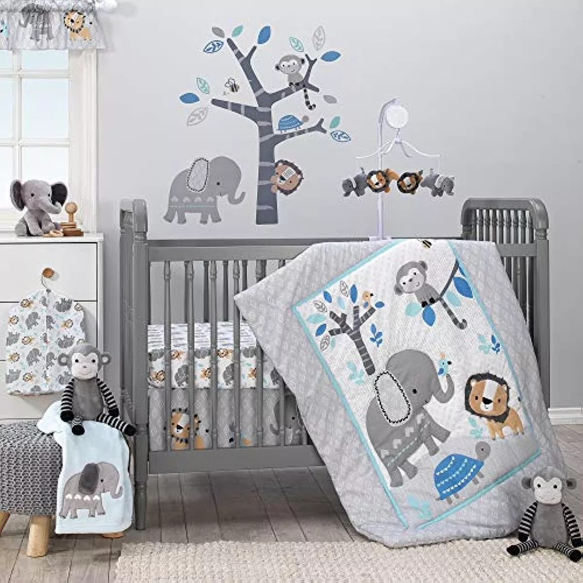 Bedtime Originals Jungle Fun 3 Piece Crib Bedding Set Blue Gray