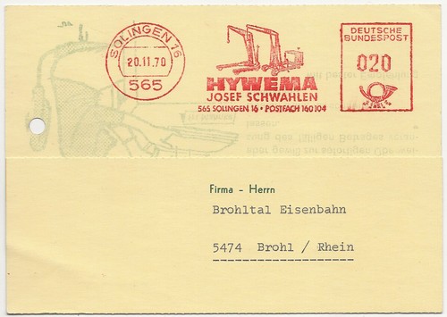 95/642 POSTKARTE ZAHLUNGSERINNERUNG - HYWEMA SOLINGEN nach BROHLTAL EISENBAHN