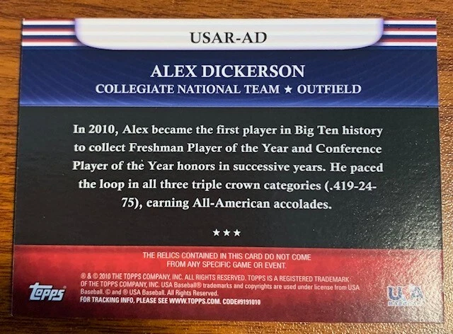 2010 Topps USA Baseball Triple Jerseys #AD Alex Dickerson - Image 2 of 2