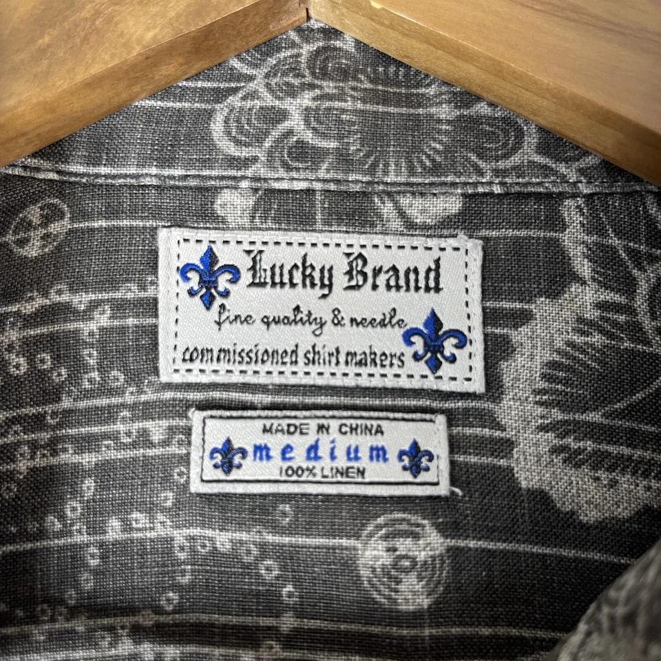 Camisa para hombre Lucky Brand gris medio 100 % lino manga larga patrón de peces tímidos Foto 3 de 4