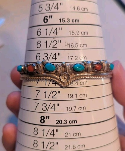 Sterling Silver Red Coral & Turquoise Cuff Bracelet 7-7.25" - 第 1/5 張圖片