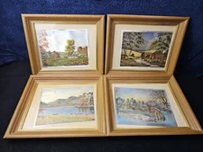 4 Set VINTAGE Dufex Foil Art Prints Wood Framed Under Glass Landscape MCM