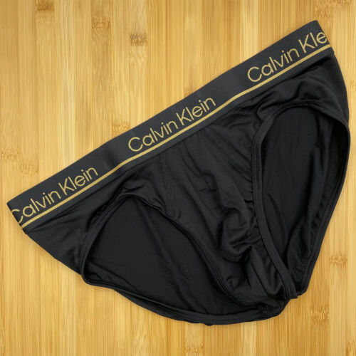 Calvin Klein Microfibre Hip Brief - Black with Gold Letter Waistband - Size Med - 第 1/4 張圖片