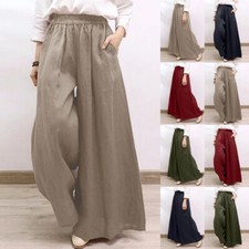 Womens Casual Cotton Elastic Waist Palazzo Trousers Culottes Wide Leg Pants New