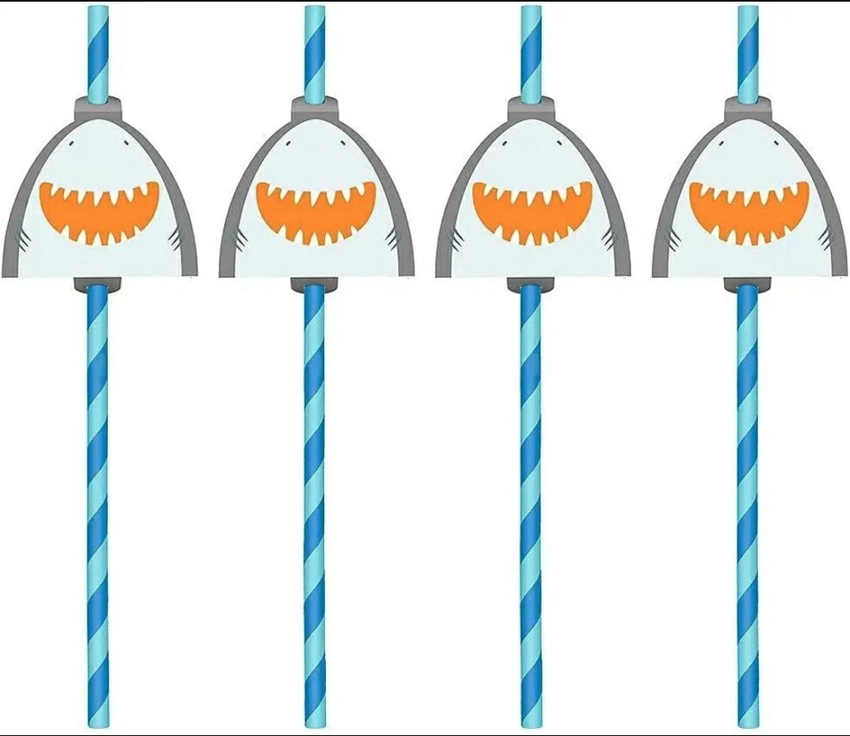 Shark Ahoy Pirate Paper Straws 12 Count Shark Week Birthday Party Supplies New - Image 2 of 4