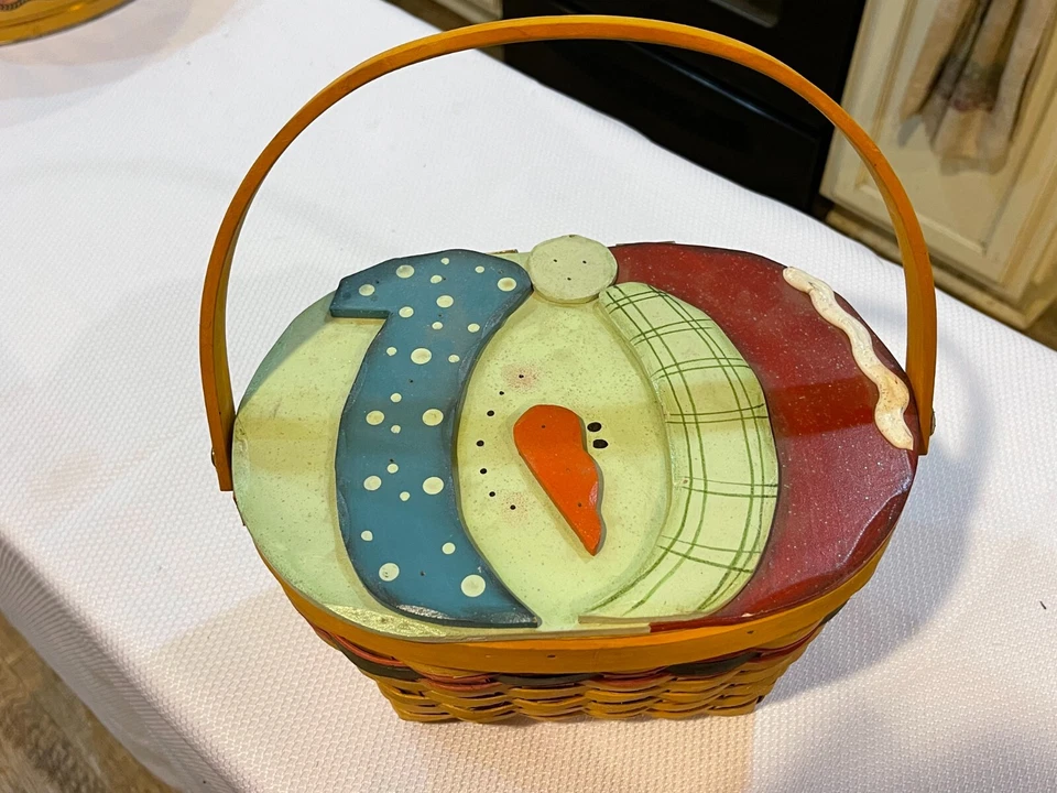 Snowman Wicker Christmas Holiday Basket - Hinged Wooden Lid with Handle - Image 2 of 4