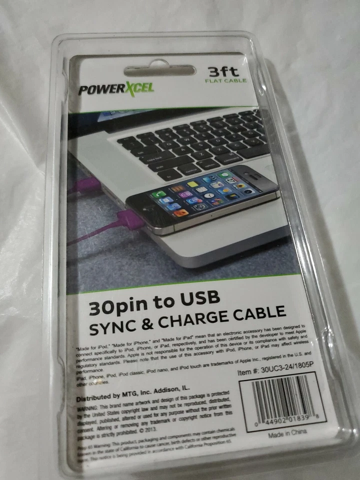 PowerXcel 3ft Flat Cable 30pin to USB Purple Charger For iPad iPhone iPod New - Image 2 of 4
