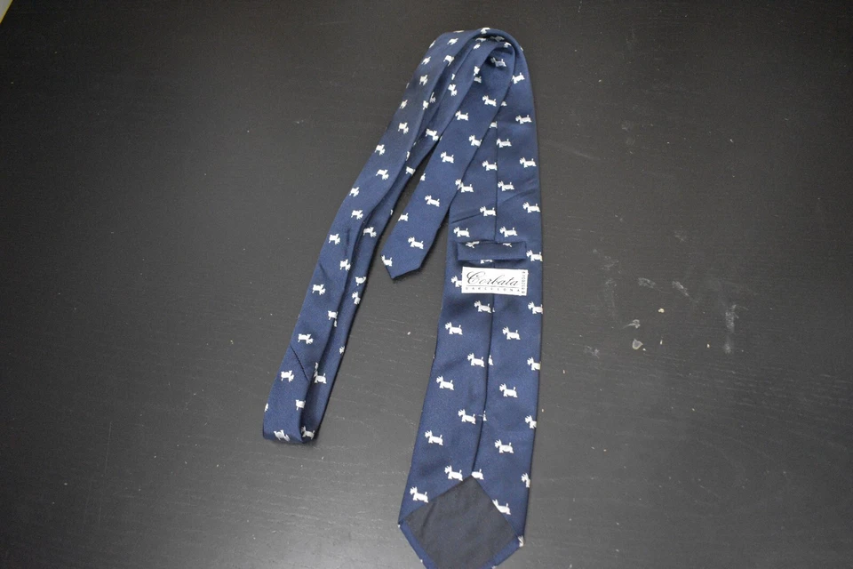 Corbata Barcelona Neck Tie Blue White Dosgs All Over Silk Mens 4"x57" - Image 4 of 4