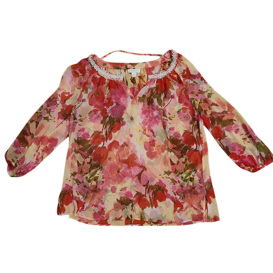 チャータークラブ 花柄セミシアーブラウス レディース Lラインストーン 3/4袖フェアリーコア