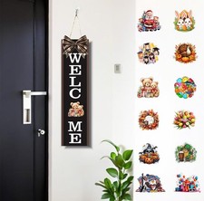 Seasonal Welcome Sign for Front Door, 17 Inch Black Wooden Porch Decor with 1...