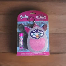 2025 FURBY Grey Plush Furry Stuffed Animal Key Chain Lip Balm Holder Gray