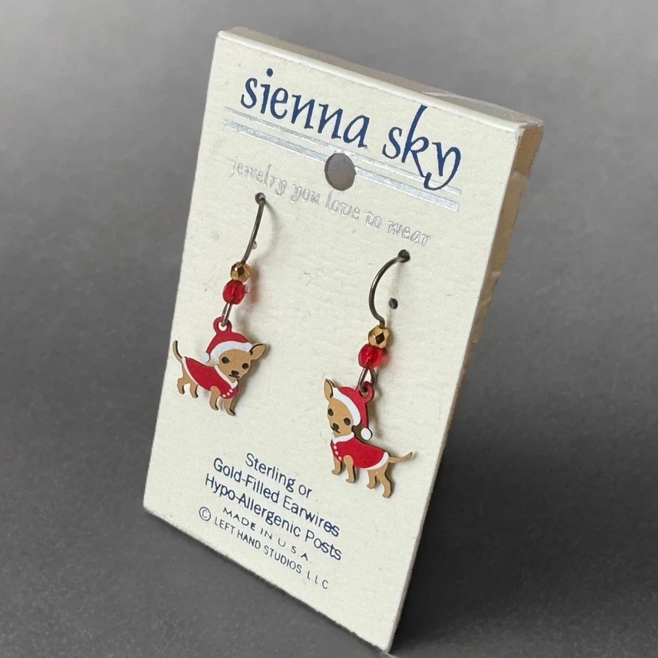 Pendientes Sienna Sky Santa Chihuahua NOS Pendientes Esterlina Navidad Perro Joyería Foto 2 de 4