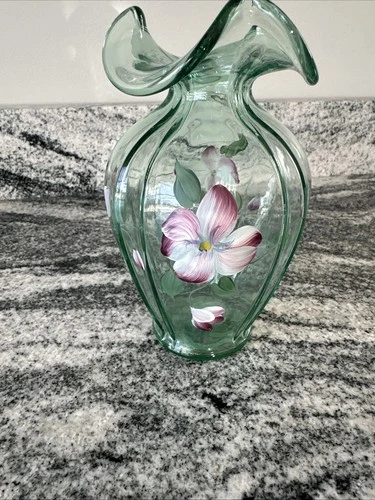 Fenton Light Green Lily and Flax Ruffled Vase Hand Painted & Signed 7.25" Tall