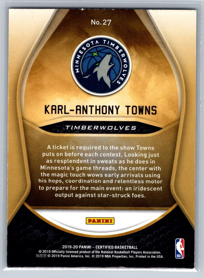 2019-20 Panini Certified - Gold Team Karl-Anthony Towns #27 - Image 2 of 2