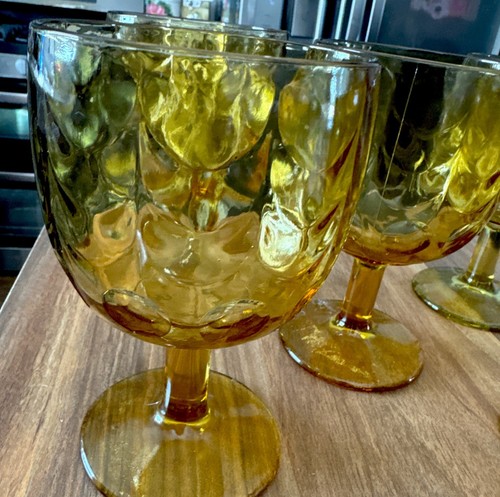 Set of 5 Vintage Imperial Glass Provincial Amber Thumbprint Water Goblets MCM - Picture 2 of 5