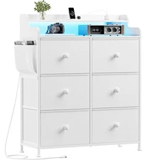 Dresser for Bedroom with Charging Station and LED Lights, 6 Drawers Dresser T...