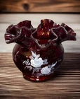 Vtg Fenton Ruby Red Ruffled Edge 4” Bud Vase-Hand Painted-Artist Signed-EUC