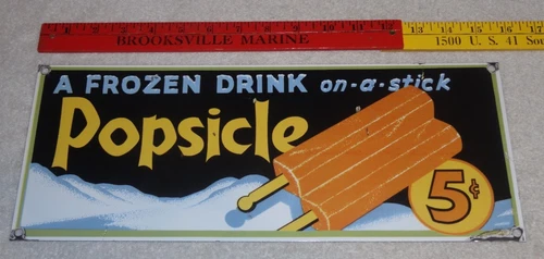 VINTAGE POPSICLE A FROZEN DRINK ON A STICK 5c PORCELAIN SODA GASOLINE & OIL SIGN