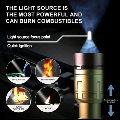 LED Outdoor Flashlight Fire Lens Fire Start Emergency Jungle Forest ️ NEW