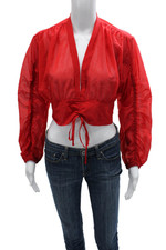 Michi Women Cropped Blouse Red V-Neck Tie Long Sleeve Solid 73% Polyamide Size S