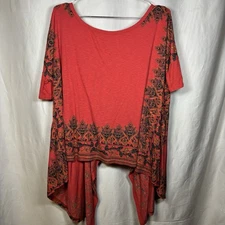 Free People Women's Pick Me Up Paisley Oversized Tee Curved Hem Orange Red XS