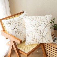 Set of 2 Fluffy White Faux Fur Pillow Covers Gold Branches Glitter Throw Pill...