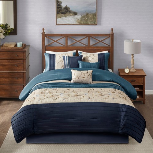 Madison Park Reversible Comforter Set—Solid Faux Silk Floral Patchwork Bedding - Picture 56 of 65