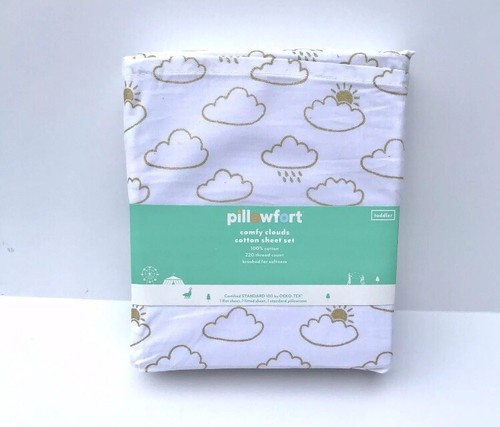 Toddler Sheet Set Pillowfort Comfy Clouds 100%Cotton Gold White Brushed Soft NEW