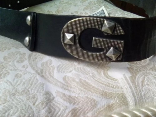 Guess Logo Belt VTG 80s 90s Y2K Leather Rivet Studded Black Goth Emo Punk Prop - Picture 6 of 20