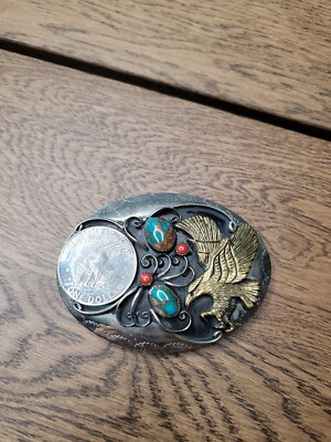 Navajo One Dollar German Silver Turquoise Coral Vtg Belt Buckle