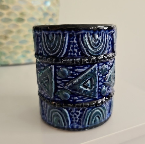 Vintage Relpo Japan Ceramic Vase Teal & Blue TRIBAL  ABSTRACT  TIKI BOHO DESIGN