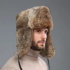 Mens Winter Warm Genuine Rabbit Fur Hat Russia Trapper Earflap Ski Cap Ushanka