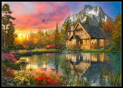 Mountain Cabin Home - DIY Chart Counted Cross Stitch Patterns Needlework 14 ct  