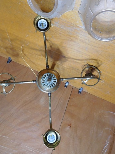 Antique 4 Arm Gas/Electric Light Fixture Converted to Electric w/shades #4075 - Picture 18 of 24
