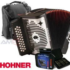Hohner Panther FBE FA 31 Button Accordion with Bag, Strap, Hoodoo 3pk Harmonica
