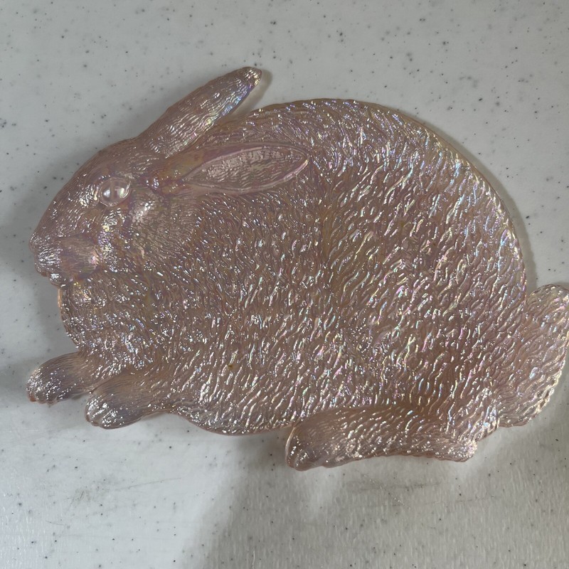 Fenton Pink Opalescent Carnival Glass Rabbit Shaped Pin Ring Trinket Tray
