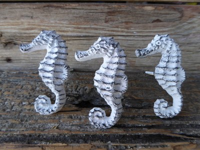 Distressed White Metal Seahorse Knob Nautical Beach Coastal