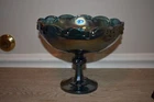 Iridescent Indiana Glass Pedestal 8” Bowl Carnival Glass Peacock Blue Dish