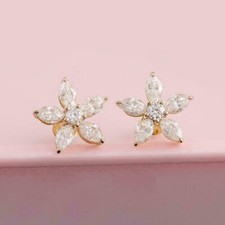 3Ct Lab Created Diamond Flower Stud Women's Earrings 14K Yellow Gold Over