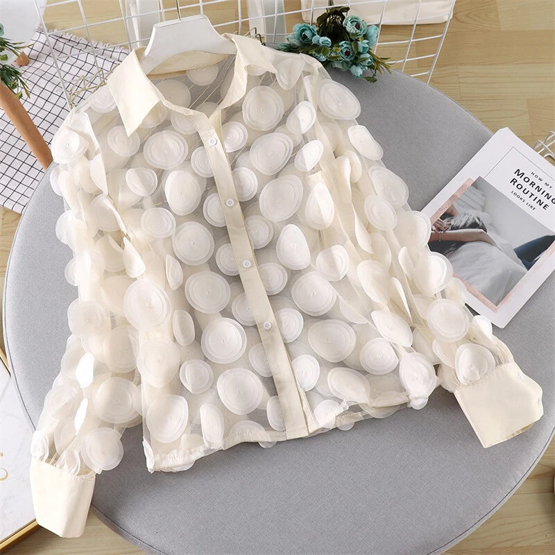 Tops Puff Sleeve Sheer Polka Dot 3D Women Mesh Chiffon Shirt Blouse - Imagem 2 de 4